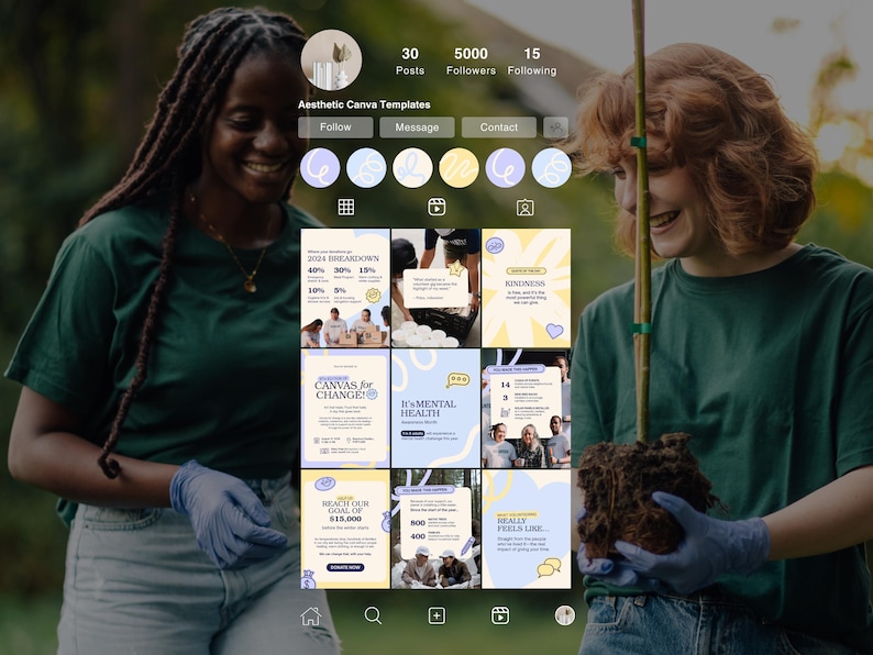 Op de afbeelding: Een digitale interface toont een social media profiel voor Aesthetic Canva Templates met 30 berichten en 5000 volgers. Het raster bevat negen grafische ontwerpsjablonen in zachte pasteltinten, inclusief tekst over mentale gezondheid.