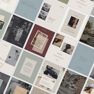 Peut inclure: Une collection de mod&egrave;les pour r&eacute;seaux sociaux pr&eacute;sentant une palette de couleurs douces compos&eacute;e de vert sauge, bleu cendr&eacute;, cr&egrave;me et bordeaux profond. Les designs incluent divers agencements avec cadres, typographie et &eacute;l&eacute;ments photographiques.