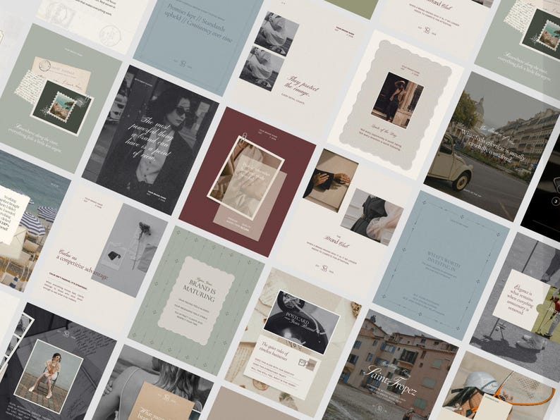Peut inclure: Une collection de mod&egrave;les pour r&eacute;seaux sociaux pr&eacute;sentant une palette de couleurs douces compos&eacute;e de vert sauge, bleu cendr&eacute;, cr&egrave;me et bordeaux profond. Les designs incluent divers agencements avec cadres, typographie et &eacute;l&eacute;ments photographiques.