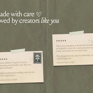 Peut inclure: Deux notes rectangulaires en papier blanc cass&eacute; avec des avis cinq &eacute;toiles, des timbres de style vintage et du ruban adh&eacute;sif. Le texte indique : Made with care Loved by creators like you, ainsi que des t&eacute;moignages d'Amanda et Janina.