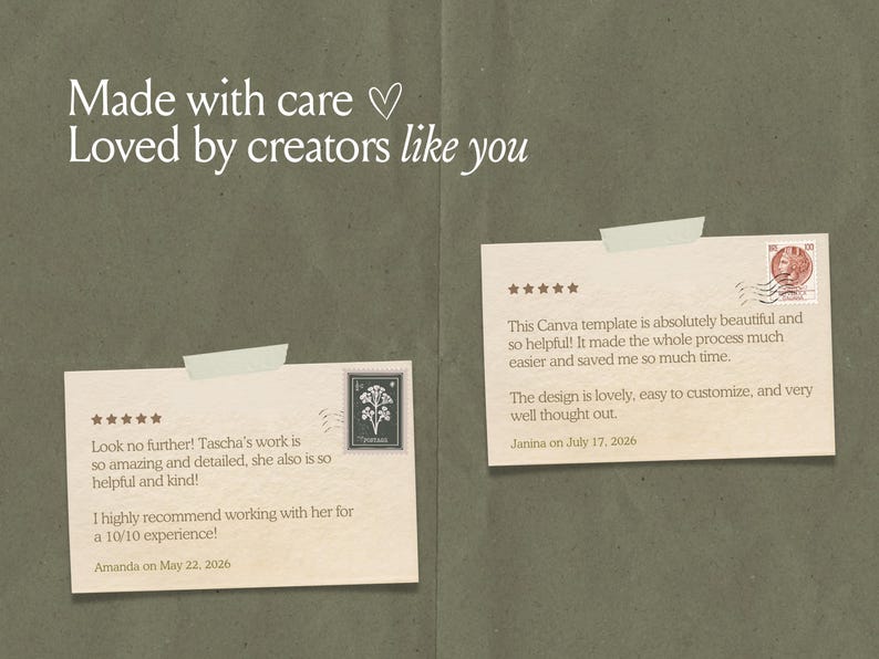 Peut inclure: Deux notes rectangulaires en papier blanc cass&eacute; avec des avis cinq &eacute;toiles, des timbres de style vintage et du ruban adh&eacute;sif. Le texte indique : Made with care Loved by creators like you, ainsi que des t&eacute;moignages d'Amanda et Janina.