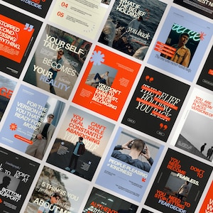 Może przedstawiać: Kolekcja cyfrowych grafik do mediów społecznościowych z różnorodnymi układami, wyrazistą typografią, motywacyjnymi cytatami i zdjęciami w palecie kolorów pomarańczowego, czarnego, białego i jasnoniebieskiego, ułożonych w siatkę.