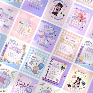 May include: A collection of colorful, illustrated cards with text and graphics. The cards feature themes like "Best Cozy Games," "Current Obsession," and "Cozy Mode." The color palette includes pastel pinks, blues, and purples.