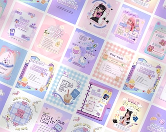 Kawaii Anime Instagram Templates, Japanese Aesthetic Y2K Vaporwave Canva Kit, Lofi Girl Social Media