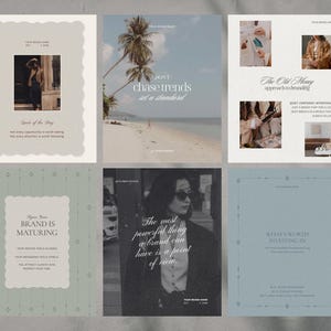 Peut inclure: Une collection de six mod&egrave;les de marketing num&eacute;rique pr&eacute;sentant diverses mises en page, typographies et images. Les designs incluent des palettes de couleurs neutres, des polices serif et sans-serif, et des textes comme 'Don't chase trends'.