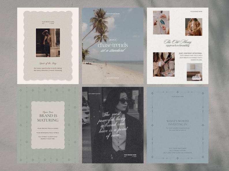 Peut inclure: Une collection de six mod&egrave;les de marketing num&eacute;rique pr&eacute;sentant diverses mises en page, typographies et images. Les designs incluent des palettes de couleurs neutres, des polices serif et sans-serif, et des textes comme 'Don't chase trends'.