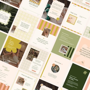 Könnte beinhalten: Eine Sammlung von Werbematerialien für Pilates, die verschiedene Layouts mit Text und Bildern zeigt. Das Farbschema umfasst Grüntöne, Beige und Rosa. Der Text enthält Sätze wie "Beyond the Reformer" und "Book your first class."