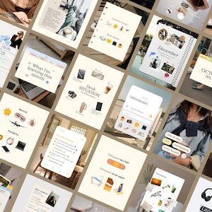May include: A collage of digital planner pages with various themes, including "Desk Situation," "October Recap," and "November Content." The pages feature illustrations, text, and calendar layouts. The image also includes a notebook and a person.