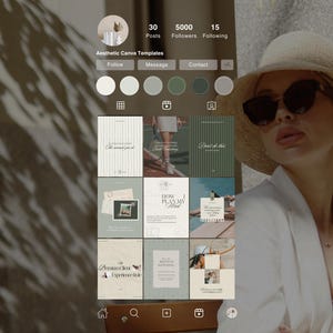 Peut inclure: Une interface num&eacute;rique superpos&eacute;e affichant une grille de profil Instagram intitul&eacute;e Aesthetic Canva Templates avec 30 publications et 5000 abonn&eacute;s, pr&eacute;sentant diverses mises en page graphiques dans des tons vert, beige et blanc.