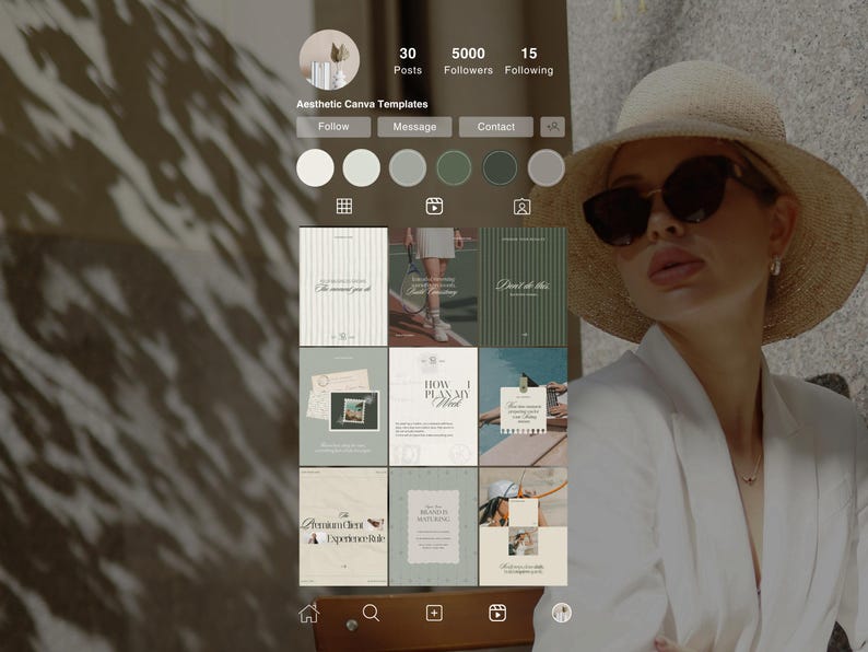 Peut inclure: Une interface num&eacute;rique superpos&eacute;e affichant une grille de profil Instagram intitul&eacute;e Aesthetic Canva Templates avec 30 publications et 5000 abonn&eacute;s, pr&eacute;sentant diverses mises en page graphiques dans des tons vert, beige et blanc.