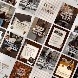 May include: A digital collage of social media posts featuring a warm, autumnal colour palette of browns, creams, and oranges. The images include lifestyle photography, text overlays with inspirational quotes, and graphic elements like bows and paper clips.