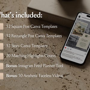 Peut inclure: Une liste de produits num&eacute;riques pr&eacute;sentant un smartphone affichant un flux Instagram avec une liste d'&eacute;l&eacute;ments inclus : 52 mod&egrave;les Canva carr&eacute;s, 52 mod&egrave;les Canva rectangulaires, 52 mod&egrave;les Canva pour stories, 20 couvertures de highlights, un outil de planification de flux Instagram en bonus et 50 vid&eacute;os esth&eacute;tiques sans visage.
