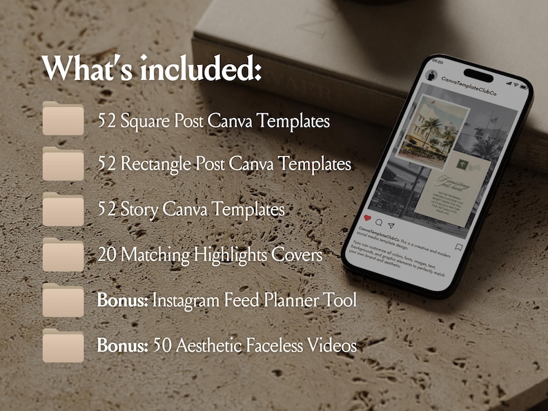 Peut inclure: Une liste de produits num&eacute;riques pr&eacute;sentant un smartphone affichant un flux Instagram avec une liste d'&eacute;l&eacute;ments inclus : 52 mod&egrave;les Canva carr&eacute;s, 52 mod&egrave;les Canva rectangulaires, 52 mod&egrave;les Canva pour stories, 20 couvertures de highlights, un outil de planification de flux Instagram en bonus et 50 vid&eacute;os esth&eacute;tiques sans visage.