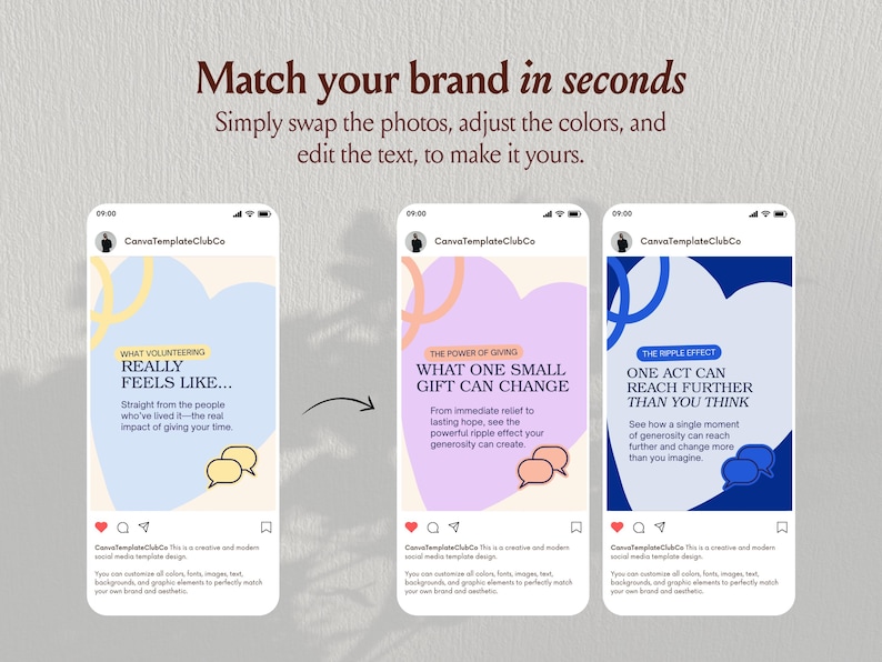 Op de afbeelding: Drie smartphoneschermen met social media sjablonen met de tekst Match your brand in seconds. Simply swap the photos, adjust the colors, and edit the text, to make it yours. Elk sjabloon bevat hartvormen en tekstballon-afbeeldingen.