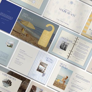 Puede incluir: Una colección de folletos y cuadernillos abiertos con temática playera. Las portadas y páginas presentan texto, fotografías e ilustraciones en tonos azules, beige y blanco. Los títulos incluyen "Malibu Beach", "Quick Essentials" y "Write a Review".