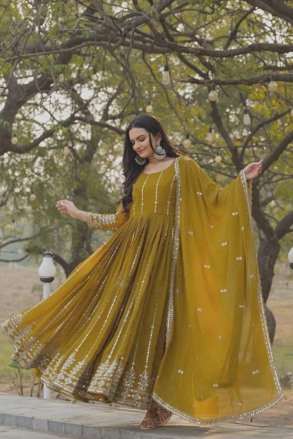 mustard sequin dress Mustard Sequin with Embroidered Georgette Gown (ACA4326)