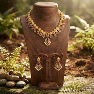 May include: A gold-toned necklace and matching pair of drop earrings featuring intricate metalwork, embedded red stones, and small white pearl-like accents. The necklace has a central pendant design, and the earrings mirror the ornate leaf-like motifs.