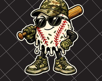 Mascota de béisbol con estampado de camuflaje goteando (PNG), diseño de sublimación para día de partido con camuflaje militar (descarga digital)