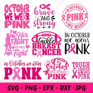 Op de afbeelding: Een verzameling van negen digitale grafische ontwerpen met roze lintjes voor borstkankerbewustzijn, football-motieven en teksten zoals In October We Wear Pink, Brave and Strong, Her Fight Is Our Fight, Tackle Breast Cancer en Tough Enough To Wear Pink.