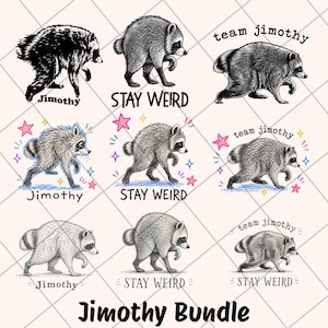 Pode incluir: Um pacote de gráficos digitais com nove ilustrações de guaxinins em vários estilos. Alguns guaxinins são combinados com o texto Jimothy, Stay Weird ou team jimothy. Vários designs incluem estrelas e brilhos coloridos desenhados à mão.