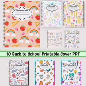 May include: A collection of eight spiral-bound composition books featuring various colourful patterns including apples, rainbows, school supplies, bows, and educational icons. Each notebook has a central white label with the text COMPOSITION BOOK.