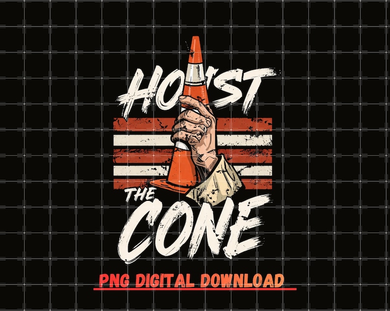 Puede incluir: Dise&ntilde;o gr&aacute;fico que presenta una mano sosteniendo un cono de tr&aacute;fico naranja, con las palabras "HOST THE CONE" en trazos de pincel blancos. El fondo incluye rayas rojas y blancas, y el texto "PNG DIGITAL DOWNLOAD" en rojo.