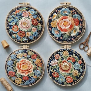 May include: Four round embroidery hoops with floral designs. Each hoop features a dark blue background with a central flower surrounded by various colorful blooms in shades of pink, orange, blue, and yellow. A thimble, scissors, and thread are also visible.