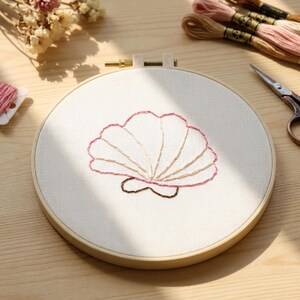 Beginner Embroidery Kit, Seashell Dolphin Design, Simple Line Needlework Hoop Art
