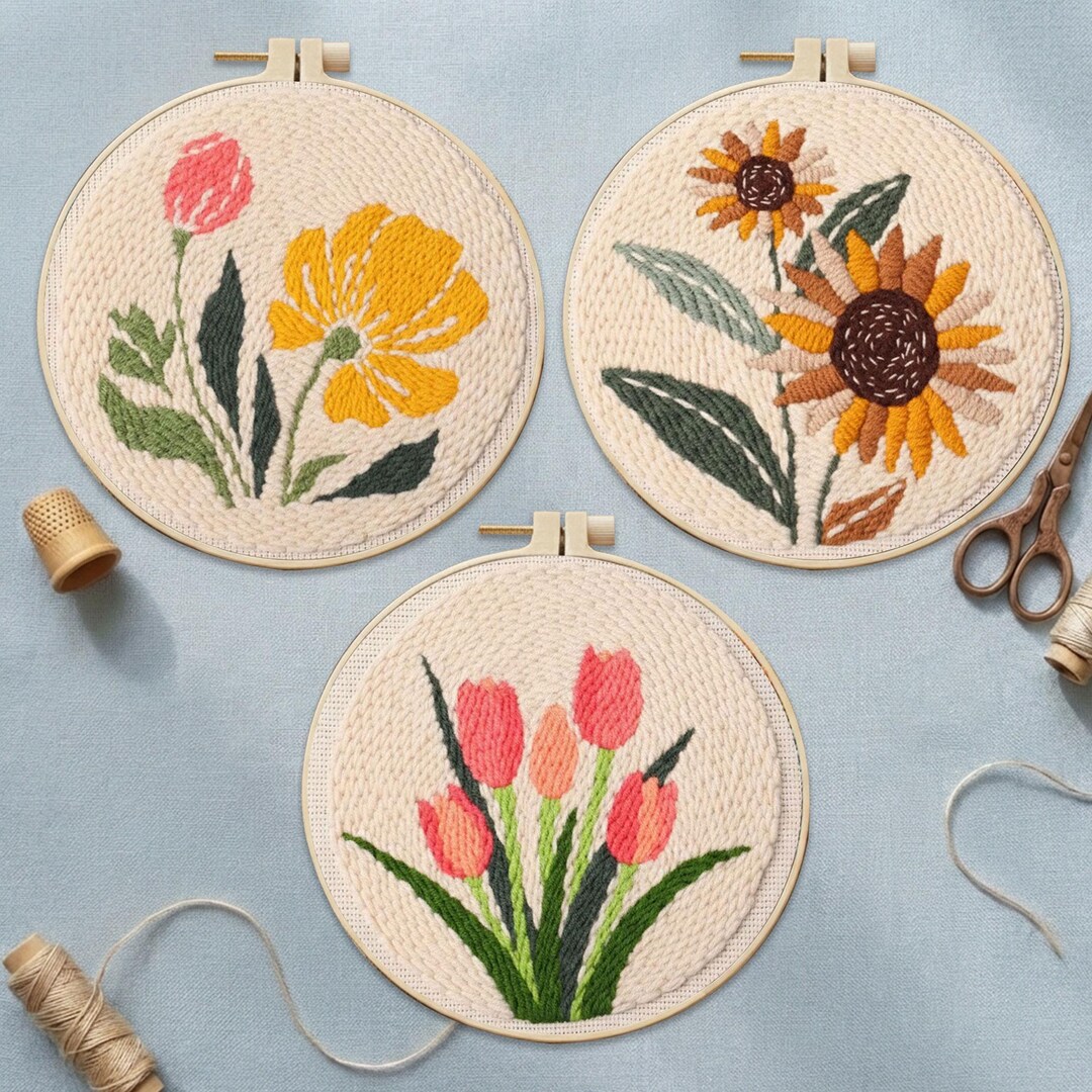 Tulip / Sunflower Punch Needle Kit | Beginner DIY Embroidery Craft Set ...