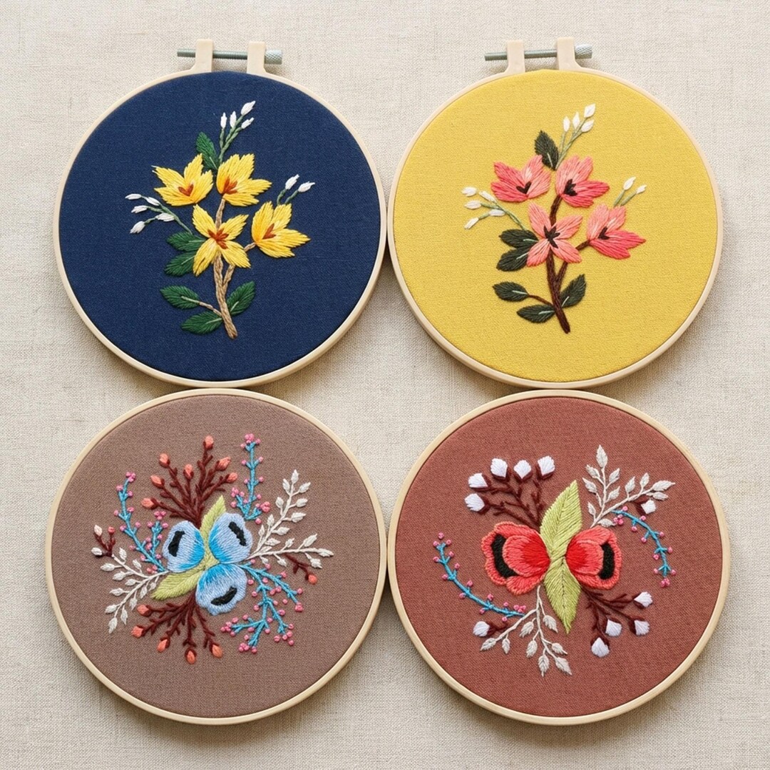 Hand Embroidery Hoop Art Set, Floral Botanical Wall Decor, Cottagecore ...