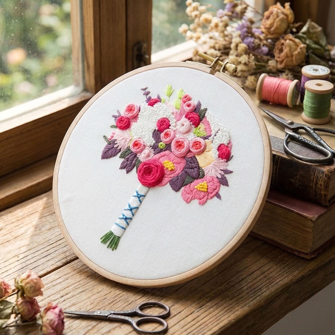 Hand-stitched Floral Bouquet Embroidery Hoop Art, Romantic Pink Roses ...