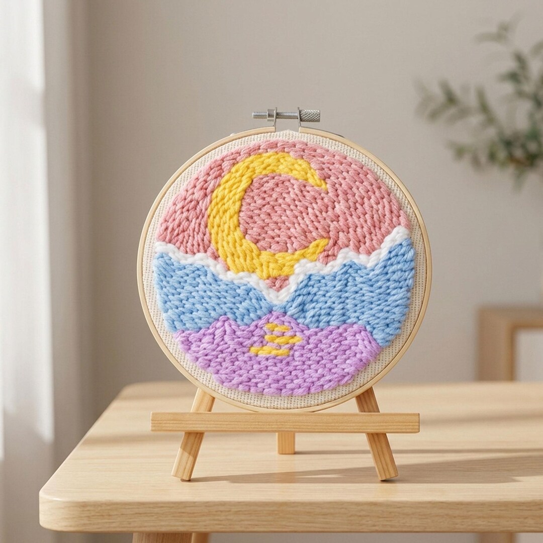 Moon Mountain Landscape Punch Needle Kit, Beginner Boho Yarn Art Hoop ...
