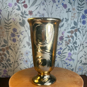 Vintage Swetye Pottery Salem Ohio 22k Gold Plated Vase - Mid Century Modern 22kt Gold Weep Exterior - Hollywood Regency Metallic Decor