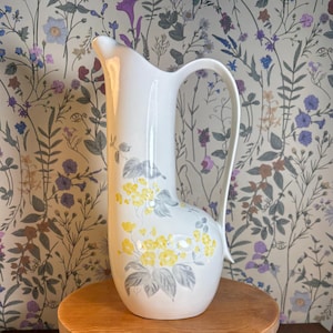 Vintage Red Wing USA Pottery Floral Pitcher - Yellow and Gray Hand Painted Magnolia Pattern - Mid Century Modern Ceramic Water Pitcher