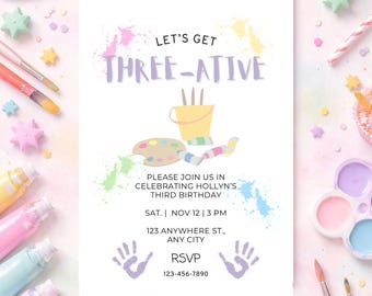 Invitación para fiesta de pintura de tercer cumpleaños: temática de arte colorido (descarga digital)