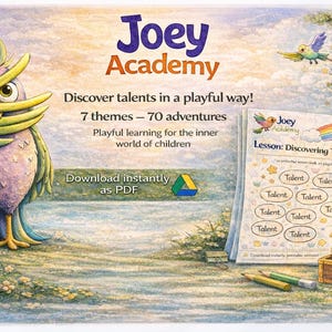 Op de afbeelding: Geïllustreerde advertentie voor Joey Academy, met een kleurrijk vogelpersonage. Tekst: "Ontdek talenten op een speelse manier!" en "7 thema's - 70 avonturen." Een lesblad en een schatkist zijn ook afgebeeld.