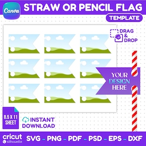 May include: A digital template for straw or pencil flags on an 8.5 x 11 inch sheet. The design features nine flag shapes with a landscape graphic of a blue sky, white clouds, and green hills. A purple banner displays the text YOUR DESIGN HERE.