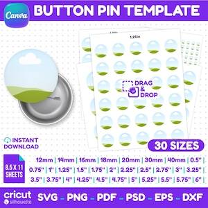 Button Pin Template Bundle, 30 Sizes, Pin Back Button Template, Button Maker Template, Circle Badge Template, Cricut SVG, Canva Editable