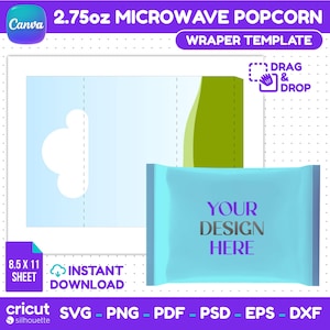 May include: A digital template for a 2.75oz microwave popcorn wrapper on an 8.5 x 11 inch sheet. The design features a light blue rectangular wrapper with the text YOUR DESIGN HERE in purple, alongside a flat layout with a white cloud shape.