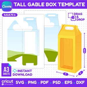 May include: A tall gable box template featuring a flat layout with a blue sky and green landscape design, alongside a fully assembled yellow box with a rectangular window. The dimensions are 5x5x8.75 inches, with text including TALL GABLE BOX TEMPLATE.
