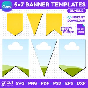 Op de afbeelding: Een digitale bundel van 5x7 bannertemplates met effen gele wimpels en blauwe luchtdesigns met witte wolken en groene heuvels. De afbeelding bevat tekstlabels voor Canva, Instant Download, Drag & Drop en diverse bestandsformaten voor snijmachines.