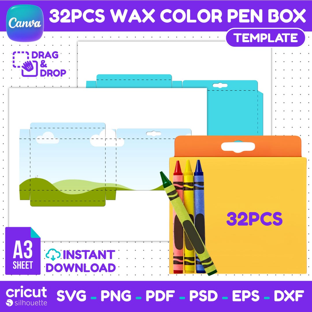 32pcs Wax Color Pen Box Template, Crayon Box SVG, Party Favor Box ...