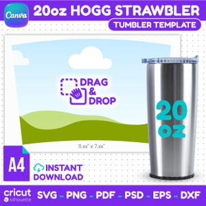 May include: A stainless steel 20oz tumbler with a blue lid and the text "20 OZ" in teal. The image also includes a digital template with the text "DRAG & DROP" and "INSTANT DOWNLOAD". The template is 11.xx" x 7.xx".