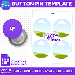 Molde para botão de 10 cm, molde para fazer botões, botão com alfinete, molde para crachá, design de crachá circular, SVG para Cricut, editável no Canva