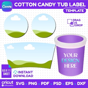 May include: A digital template for a cotton candy tub label featuring the text COTTON CANDY TUB LABEL, TEMPLATE, DRAG & DROP, 8.5 X 11 SHEET, INSTANT DOWNLOAD, and CRICUT SILHOUETTE. Includes circular and curved label designs with a landscape graphic.