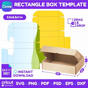 May include: A template for a rectangle box, with dimensions of 3.5 x 2.5 x 1 inches. The design includes a cut-out pattern and a visual representation of the assembled box. The image also features the text "Canva", "Instant Download", and file type options like SVG, PNG, and PDF.