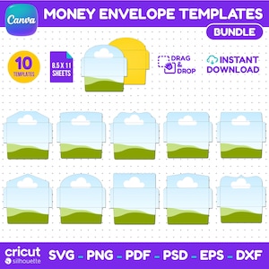 Puede incluir: Un paquete digital de 10 plantillas de sobres para dinero para hojas de 21,6 x 27,9 cm. El gráfico muestra varias formas de solapas con un diseño de cielo azul y paisaje verde. Incluye iconos de Canva, arrastrar y soltar y descarga.