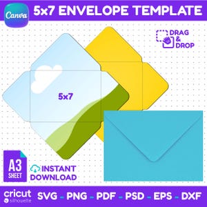Puede incluir: Una plantilla de sobre de 5x7 en archivo digital que muestra un sobre desplegado azul claro con un gráfico de nube y paisaje, un sobre amarillo desplegado y un sobre cian plegado. Incluye etiquetas de texto para Canva, Drag & Drop y A3 Sheet.