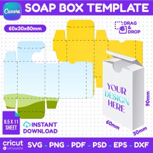 May include: A digital soap box template featuring a flat yellow layout, a flat blue and green landscape layout, and a 3D white box mockup with the text YOUR DESIGN HERE. Includes labels 60x30x80mm, 8.5 X 11 SHEET, 90mm, 60mm, 30mm, and file formats.