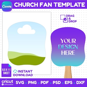 Puede incluir: Una plantilla digital de abanico de iglesia que presenta una forma de abanico en blanco con un gráfico de cielo y hierba, un abanico con degradado morado con el texto YOUR DESIGN HERE, un logo de Canva y texto de descarga instantánea.